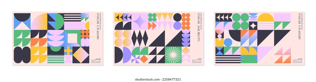 Abstract bauhaus geometric pattern backgrounds with copy space for text.Trendy minimalist geometric designs with simple shapes and elements.Modern artistic vector illustrations.
