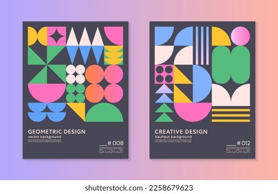 Abstract bauhaus geometric pattern backgrounds with copy space for text.Trendy minimalist geometric designs with simple shapes and elements.Modern artistic vector illustrations.