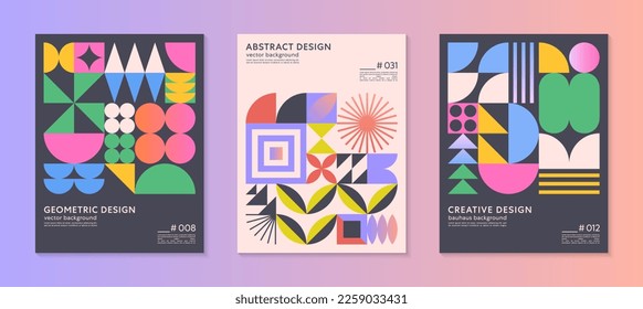 Abstract bauhaus geometric pattern backgrounds with copy space for text.Trendy minimalist geometric designs with simple shapes and elements.Modern artistic vector illustrations.