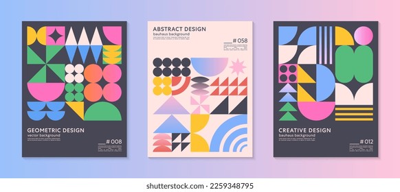 Abstract bauhaus geometric pattern backgrounds with copy space for text.Trendy minimalist geometric designs with simple shapes and elements.Modern artistic vector illustrations.