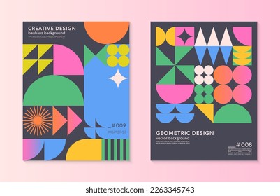Abstract bauhaus geometric pattern backgrounds with copy space for text.Trendy minimalist geometric designs with simple shapes and elements.Modern artistic vector illustrations.