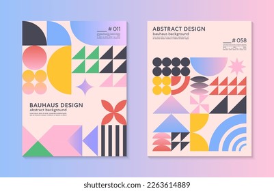 Abstract bauhaus geometric pattern backgrounds with copy space for text.Trendy minimalist geometric designs with simple shapes and elements.Modern artistic vector illustrations.