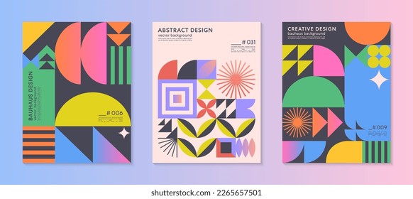 Abstract bauhaus geometric pattern backgrounds with copy space for text.Trendy minimalist geometric designs with simple shapes and elements.Modern artistic vector illustrations.
