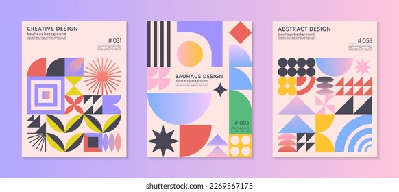 Abstract bauhaus geometric pattern backgrounds with copy space for text.Trendy minimalist geometric designs with simple shapes and elements.Modern artistic vector illustrations.