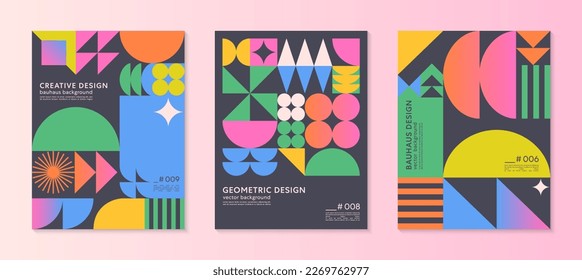 Abstract bauhaus geometric pattern backgrounds with copy space for text.Trendy minimalist geometric designs with simple shapes and elements.Modern artistic vector illustrations.