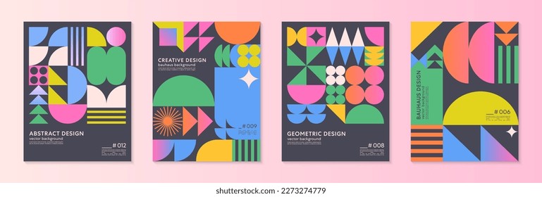 Abstract bauhaus geometric pattern backgrounds with copy space for text.Trendy minimalist geometric designs with simple shapes and elements.Modern artistic vector illustrations.