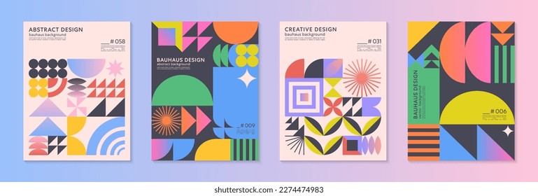 Abstract bauhaus geometric pattern backgrounds with copy space for text.Trendy minimalist geometric designs with simple shapes and elements.Modern artistic vector illustrations.