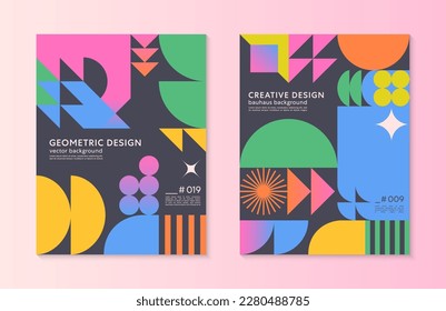 Abstract bauhaus geometric pattern backgrounds with copy space for text.Trendy minimalist geometric designs with simple shapes and elements.Modern artistic vector illustrations.