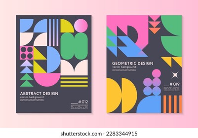 Abstract bauhaus geometric pattern backgrounds with copy space for text.Trendy minimalist geometric designs with simple shapes and elements.Modern artistic vector illustrations.