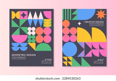 Abstract bauhaus geometric pattern backgrounds with copy space for text.Trendy minimalist geometric designs with simple shapes and elements.Modern artistic vector illustrations.