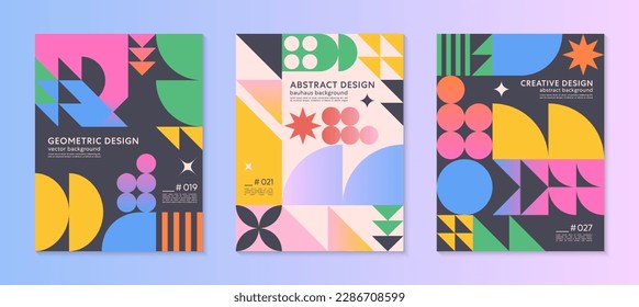 Abstract bauhaus geometric pattern backgrounds with copy space for text.Trendy minimalist geometric designs with simple shapes and elements.Modern artistic vector illustrations.