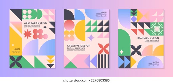 Abstract bauhaus geometric pattern backgrounds with copy space for text.Trendy minimalist geometric designs with simple shapes and elements.Modern artistic vector illustrations.