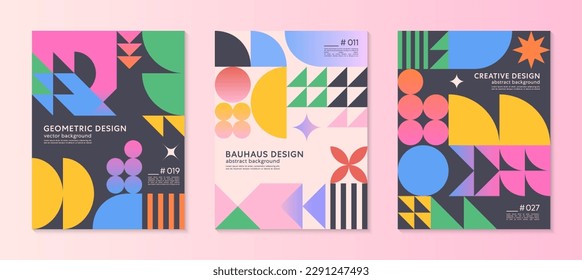 Abstract bauhaus geometric pattern backgrounds with copy space for text.Trendy minimalist geometric designs with simple shapes and elements.Modern artistic vector illustrations.