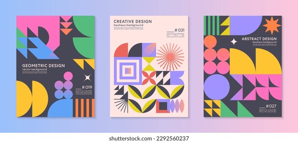 Abstract bauhaus geometric pattern backgrounds with copy space for text.Trendy minimalist geometric designs with simple shapes and elements.Modern artistic vector illustrations.Covers templates