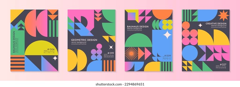Abstract bauhaus geometric pattern backgrounds with copy space for text.Trendy minimalist geometric designs with simple shapes and elements.Modern artistic vector illustrations.Covers templates