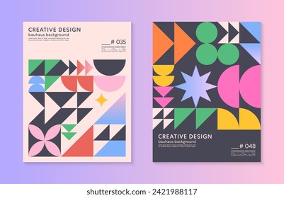 Abstract bauhaus geometric pattern backgrounds with copy space for text.Trendy minimalist geometric designs with simple shapes and elements.Modern artistic vector illustrations.