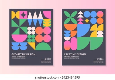Abstract bauhaus geometric pattern backgrounds with copy space for text.Trendy minimalist geometric designs with simple shapes and elements.Modern artistic vector illustrations.