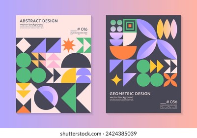 Abstract bauhaus geometric pattern backgrounds with copy space for text.Trendy minimalist geometric designs with simple shapes and elements.Modern artistic vector illustrations.
