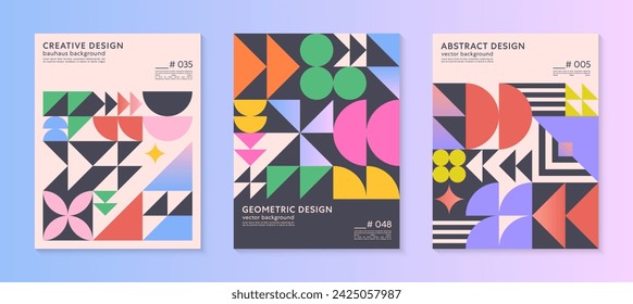 Abstract bauhaus geometric pattern backgrounds with copy space for text.Trendy minimalist geometric designs with simple shapes and elements.Modern artistic vector illustrations.