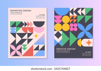 Abstract bauhaus geometric pattern backgrounds with copy space for text.Trendy minimalist geometric designs with simple shapes and elements.Modern artistic vector illustrations.