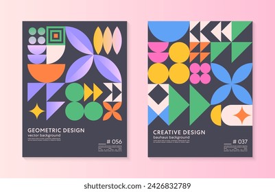 Abstract bauhaus geometric pattern backgrounds with copy space for text.Trendy minimalist geometric designs with simple shapes and elements.Modern artistic vector illustrations.