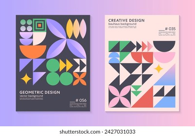 Abstract bauhaus geometric pattern backgrounds with copy space for text.Trendy minimalist geometric designs with simple shapes and elements.Modern artistic vector illustrations.