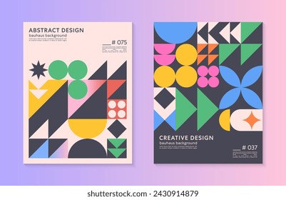 Abstract bauhaus geometric pattern backgrounds with copy space for text.Trendy minimalist geometric designs with simple shapes and elements.Modern artistic vector illustrations.