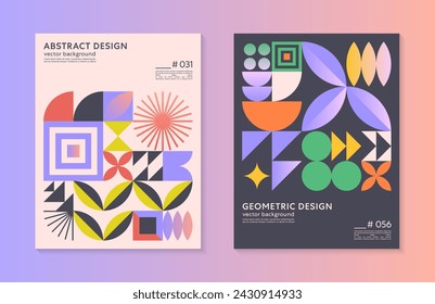 Abstract bauhaus geometric pattern backgrounds with copy space for text.Trendy minimalist geometric designs with simple shapes and elements.Modern artistic vector illustrations.