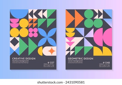 Abstract bauhaus geometric pattern backgrounds with copy space for text.Trendy minimalist geometric designs with simple shapes and elements.Modern artistic vector illustrations.