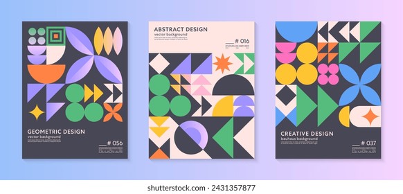 Abstract bauhaus geometric pattern backgrounds with copy space for text.Trendy minimalist geometric designs with simple shapes and elements.Modern artistic vector illustrations.