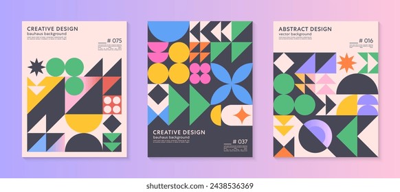 Abstract bauhaus geometric pattern backgrounds with copy space for text.Trendy minimalist geometric designs with simple shapes and elements.Modern artistic vector illustrations.