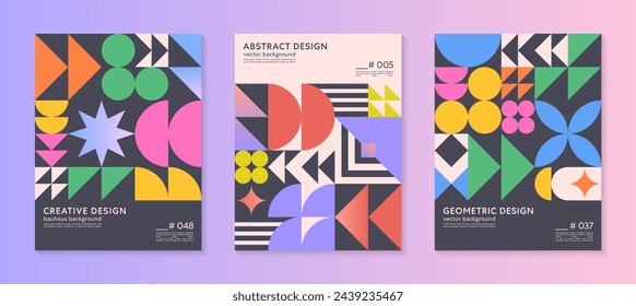 Abstract bauhaus geometric pattern backgrounds with copy space for text.Trendy minimalist geometric designs with simple shapes and elements.Modern artistic vector illustrations.