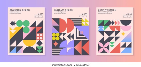 Abstract bauhaus geometric pattern backgrounds with copy space for text.Trendy minimalist geometric designs with bold simple shapes and elements.Modern artistic vector illustrations.