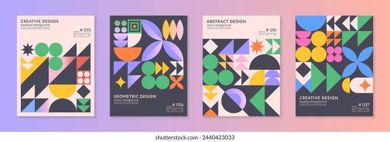 Abstract bauhaus geometric pattern backgrounds with copy space for text.Trendy minimalist geometric designs with simple shapes and elements.Modern artistic vector illustrations.