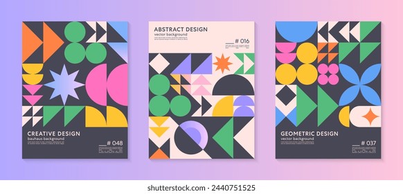 Abstract bauhaus geometric pattern backgrounds with copy space for text.Trendy minimalist geometric designs with bold simple shapes and elements.Modern artistic vector illustrations.