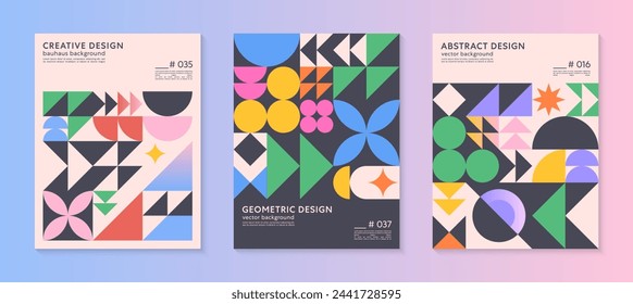 Abstract bauhaus geometric pattern backgrounds with copy space for text.Trendy minimalist geometric designs with bold simple shapes and elements.Modern artistic vector illustrations.