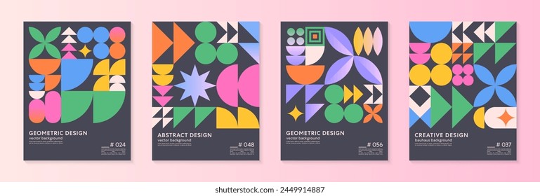 Abstract bauhaus geometric pattern backgrounds with copy space for text.Trendy minimalist geometric designs with bold simple shapes and elements.Modern artistic vector illustrations.