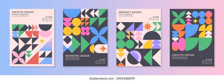 Abstractas fondos de patrones geométricos bauhaus con espacio de copia para el texto. Diseños geométricos minimalistas de moda con Formas simples y Elementos audaces. Ilustraciones vectoriales artísticas modernas.