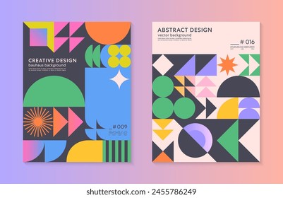 Abstract bauhaus geometric pattern backgrounds with copy space for text.Trendy minimalist geometric designs with bold simple shapes and elements.Modern artistic vector illustrations.