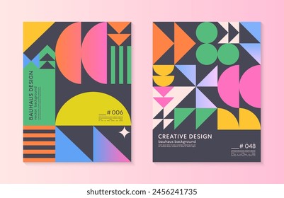 Abstract bauhaus geometric pattern backgrounds with copy space for text.Trendy minimalist geometric designs with bold simple shapes and elements.Modern artistic vector illustrations.