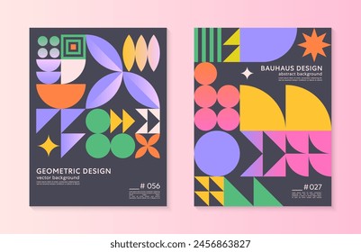 Abstract bauhaus geometric pattern backgrounds with copy space for text.Trendy minimalist geometric designs with bold simple shapes and elements.Modern artistic vector illustrations.