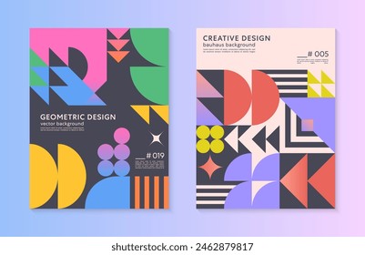 Abstract bauhaus geometric pattern backgrounds with copy space for text.Trendy minimalist geometric designs with bold simple shapes and elements.Modern artistic vector illustrations.