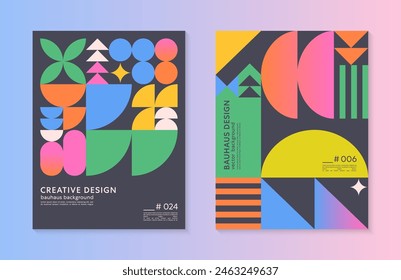 Abstract bauhaus geometric pattern backgrounds with copy space for text.Trendy minimalist geometric designs with bold simple shapes and elements.Modern artistic vector illustrations.