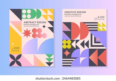 Abstract bauhaus geometric pattern backgrounds with copy space for text.Trendy minimalist geometric designs with bold simple shapes and elements.Modern artistic vector illustrations.