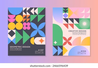 Abstract bauhaus geometric pattern backgrounds with copy space for text.Trendy minimalist geometric designs with bold simple shapes and elements.Modern artistic vector illustrations.