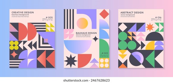Abstract bauhaus geometric pattern backgrounds with copy space for text.Trendy minimalist geometric designs with bold simple shapes and elements.Modern artistic vector illustrations.