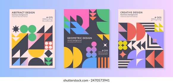 Abstrakte geometrische Bauhaus-Musterhintergründe mit Kopierraum für Text.Trendy minimalistische geometrische Designs mit gewagten schlichten Formen und Elementen.Moderne künstlerische Vektorillustrationen.