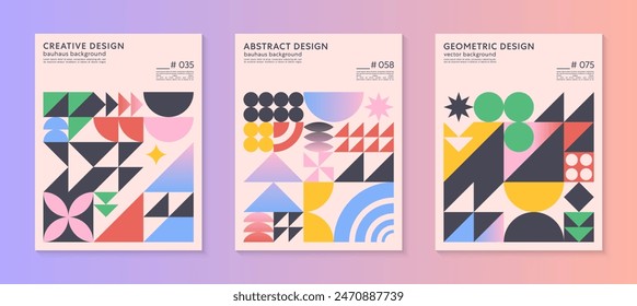 Abstract bauhaus geometric pattern backgrounds with copy space for text.Trendy minimalist geometric designs with bold simple shapes and elements.Modern artistic vector illustrations.