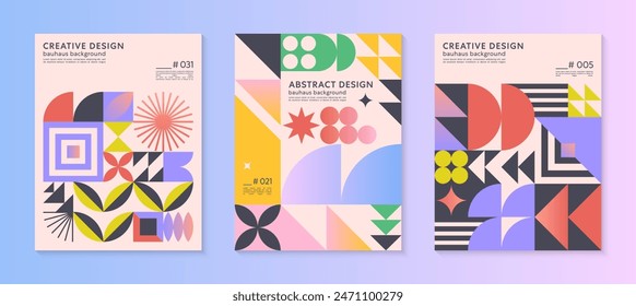 Abstract bauhaus geometric pattern backgrounds with copy space for text.Trendy minimalist geometric designs with bold simple shapes and elements.Modern artistic vector illustrations.
