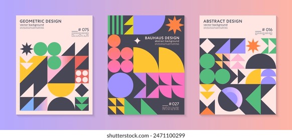Abstract bauhaus geometric pattern backgrounds with copy space for text.Trendy minimalist geometric designs with bold simple shapes and elements.Modern artistic vector illustrations.